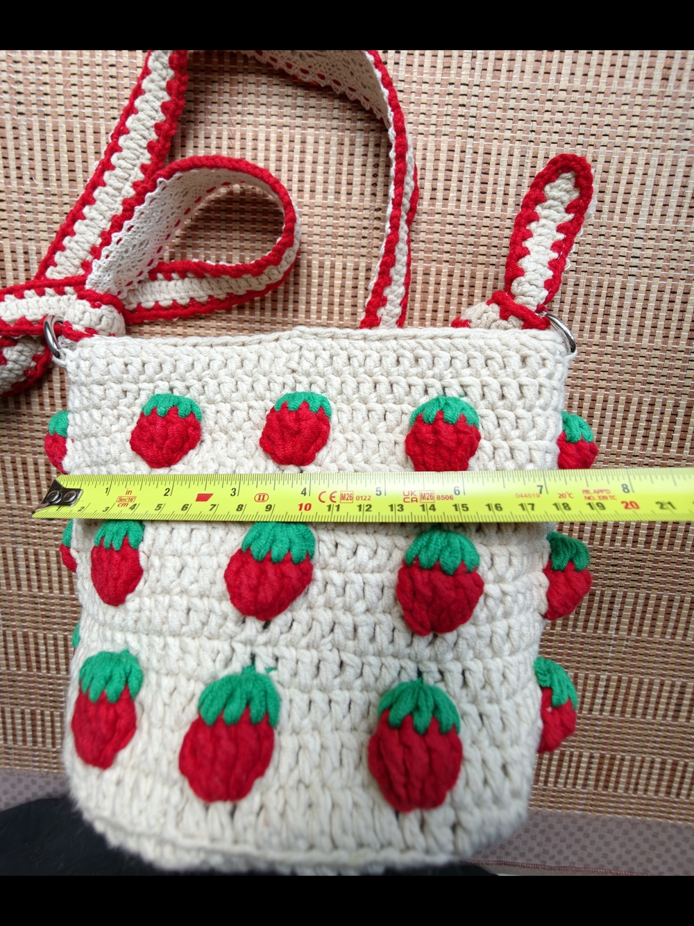 Handmade Cream Crochet Strawberry Crossbody Bag with Red Strap, Boho Tote Bag - Picture 8 of 14